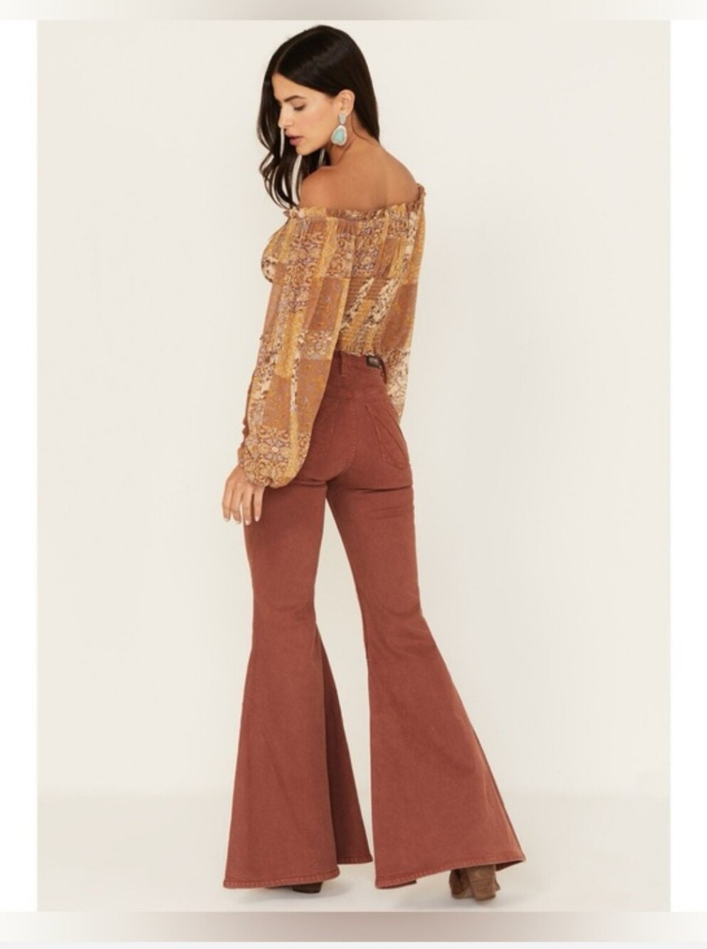 Shyanne Country Wear Rust Terracotta Petal Flare Jeans 27x30 Boho Western Tulip - Picture 2 of 11